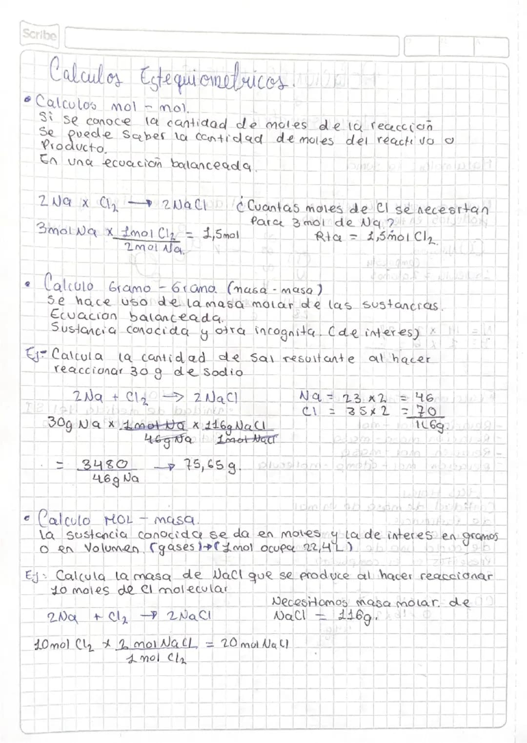 Scribe
# Calculos Estequiometricos. Lio
*   Calculos mol - mol.
    Si se conoce la cantidad de moles de la reacción
    Se puede saber la c