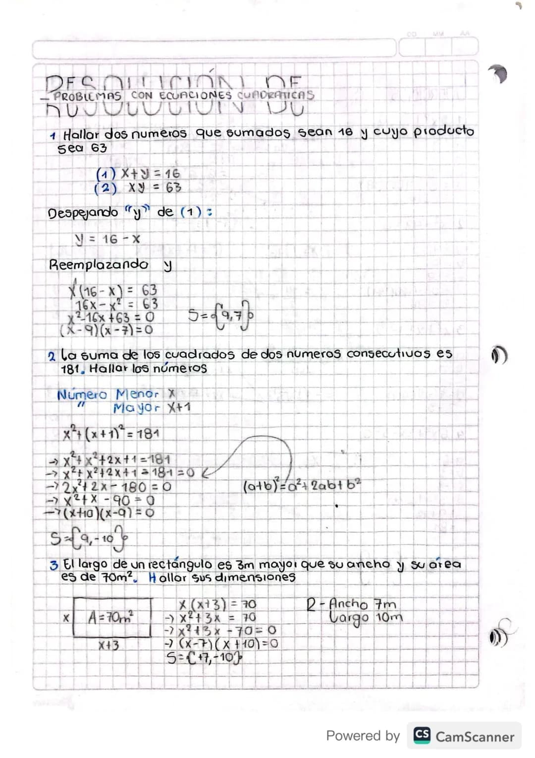 # DESOLLICIÓN DE
PROBLEMAS CON ECUACIONES CUADRATICAS

1 Hallar dos numeros que sumados sean 16 y cuyo producto
sea 63
(1) x+y=16
(2) Xy = 6