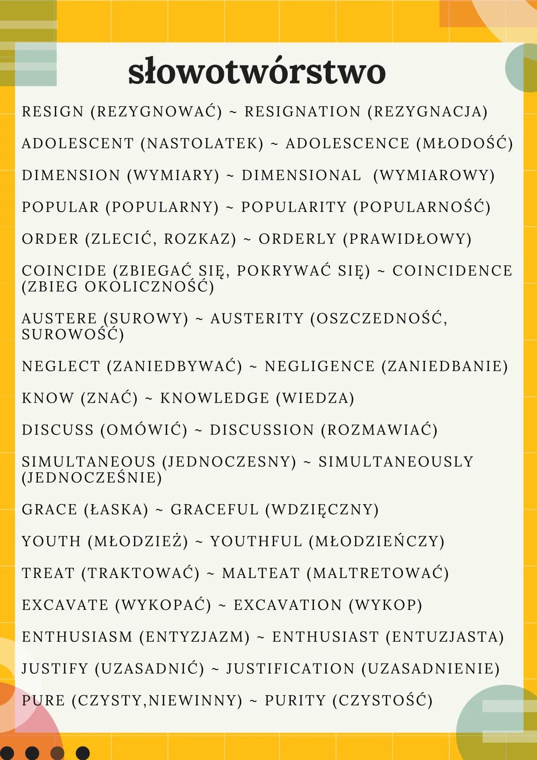 # słowotwórstwo

RESIGN (REZYGNOWAĆ) ~ RESIGNATION (REZYGNACJA)

ADOLESCENT (NASTOLATEK) ~ ADOLESCENCE (MŁODOŚĆ)

DIMENSION (WYMIARY) ~ DIME