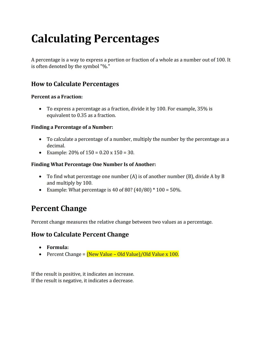 # Calculating Percentages

A percentage is a way to express a portion or fraction of a whole as a number out of 100. It
is often denoted by 