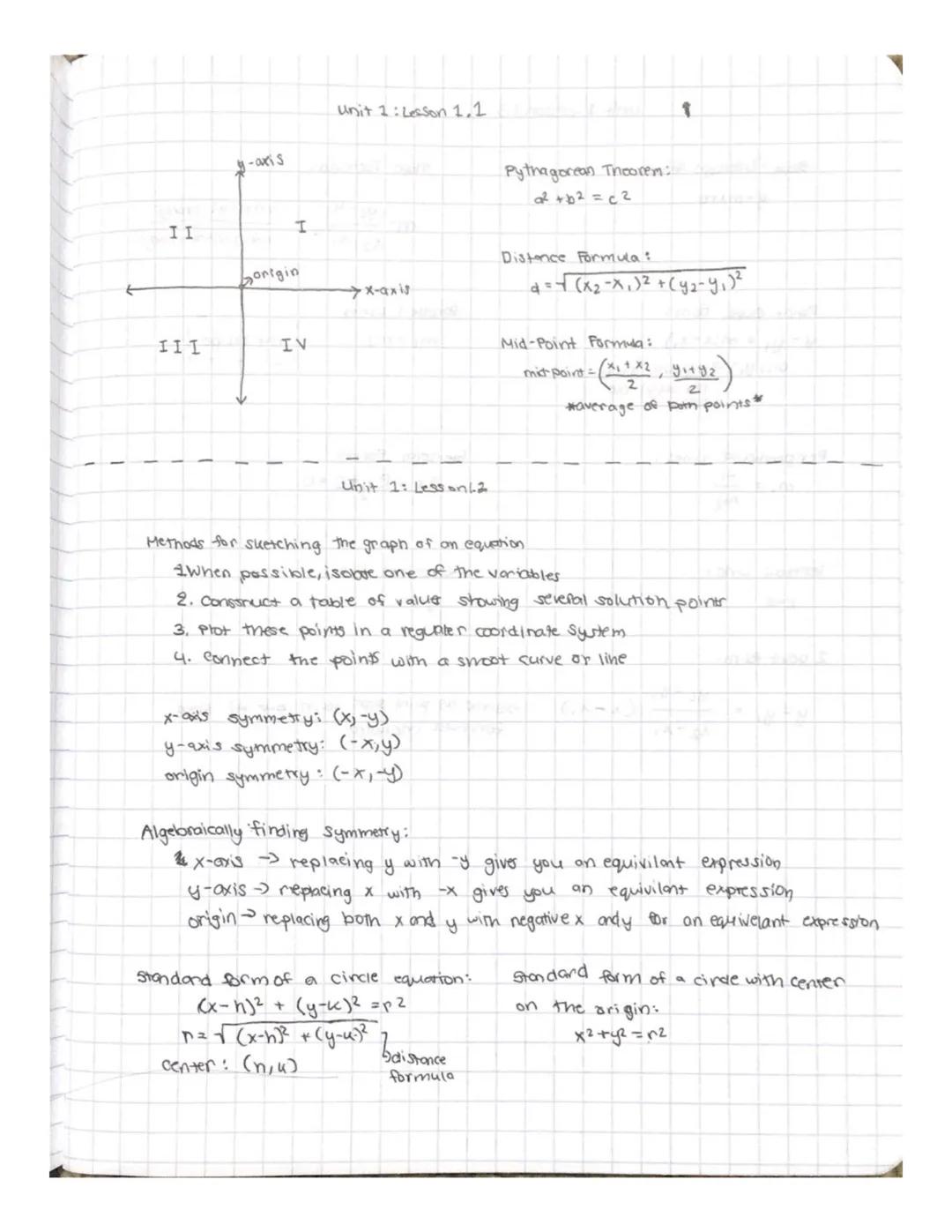 Unit 1: Lesson 1.1.

-axis

II
I

Sorigin
→x-axis

III
IV

Unit 1: Lesson2

Pythagorean Theorem:
a² + b² = c2

1
Distence Formula:
d=$\sqrt{