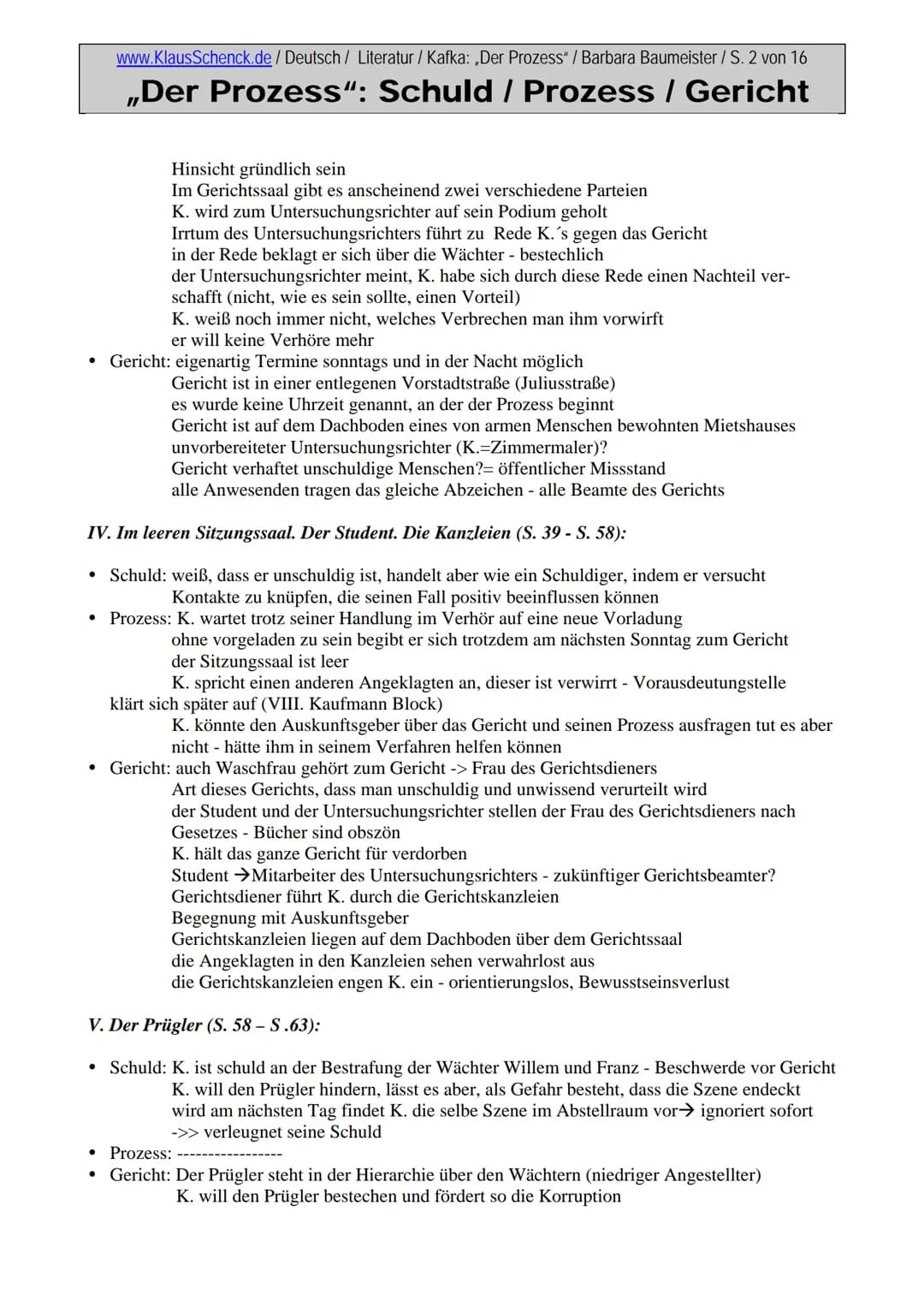 www.KlausSchenck.de / Deutsch / Literatur / Kafka: „Der Prozess" / Barbara Baumeister / S. 1 von 16

# „Der Prozess": Schuld / Prozess / Ger