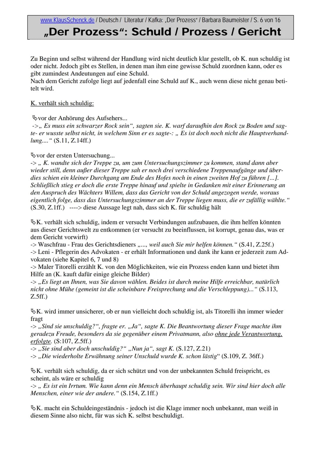 www.KlausSchenck.de / Deutsch / Literatur / Kafka: „Der Prozess" / Barbara Baumeister / S. 1 von 16

# „Der Prozess": Schuld / Prozess / Ger