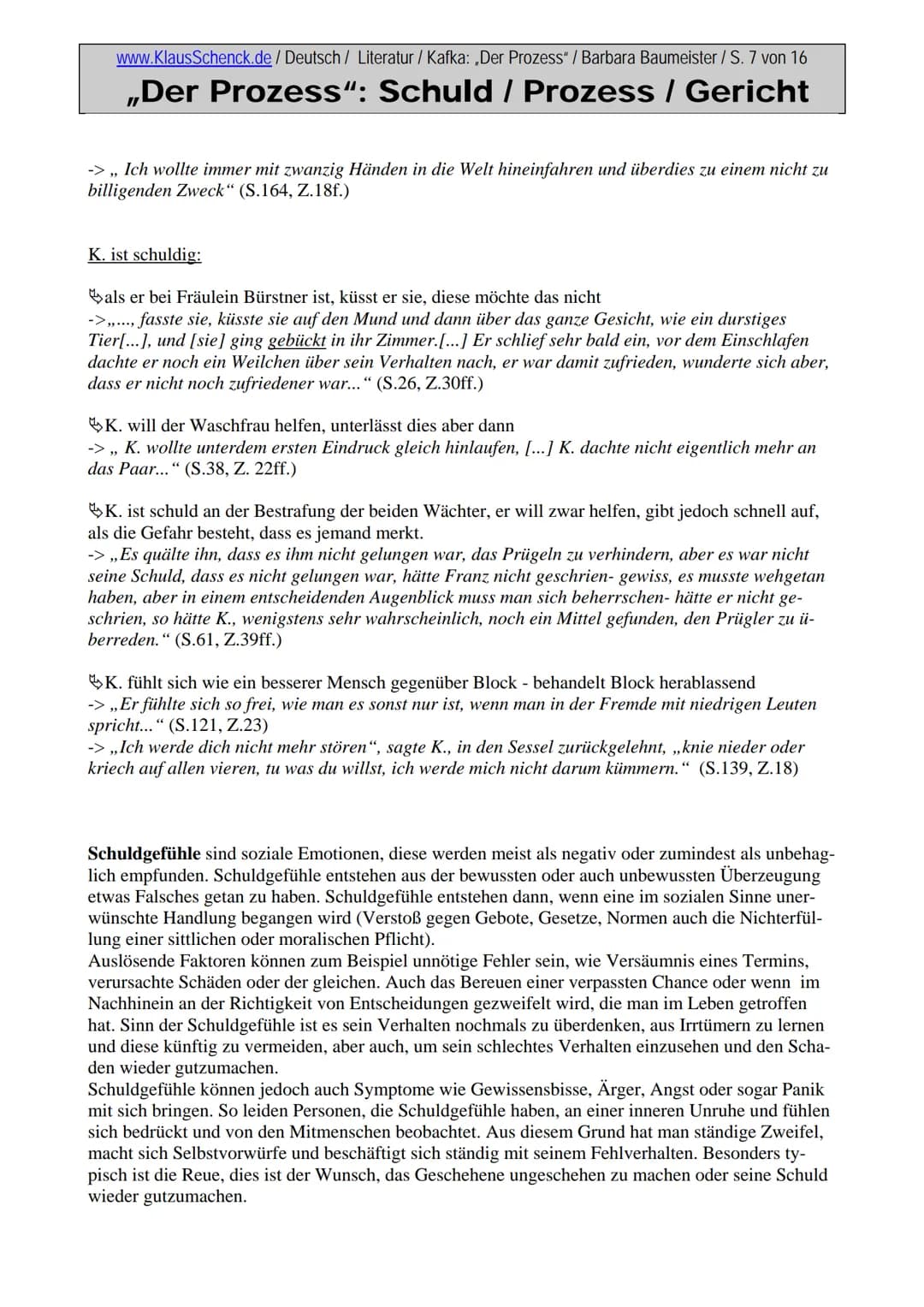 www.KlausSchenck.de / Deutsch / Literatur / Kafka: „Der Prozess" / Barbara Baumeister / S. 1 von 16

# „Der Prozess": Schuld / Prozess / Ger