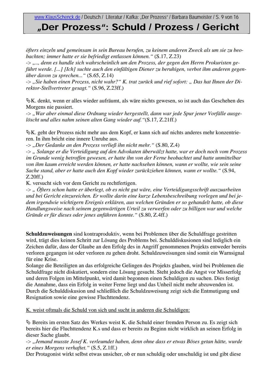 www.KlausSchenck.de / Deutsch / Literatur / Kafka: „Der Prozess" / Barbara Baumeister / S. 1 von 16

# „Der Prozess": Schuld / Prozess / Ger