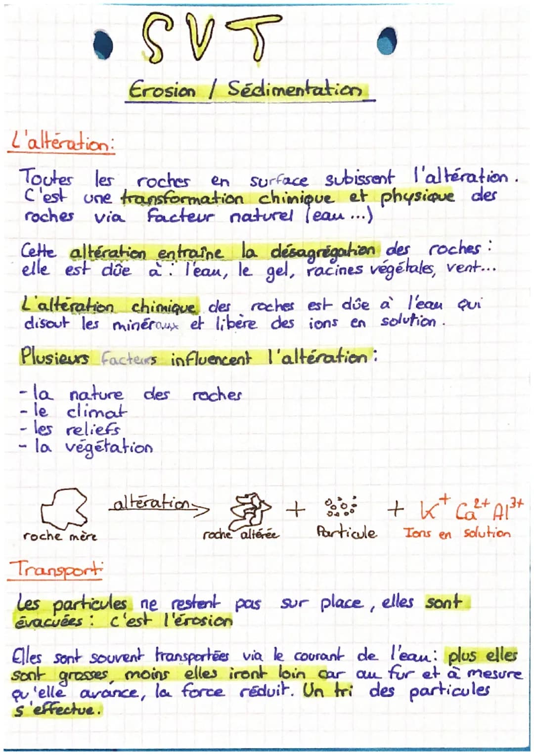# SVT

Erosion / Sédimentation

L'altération:

Toutes les roches en surface subissent l'altération.
C'est une transformation chimique et phy