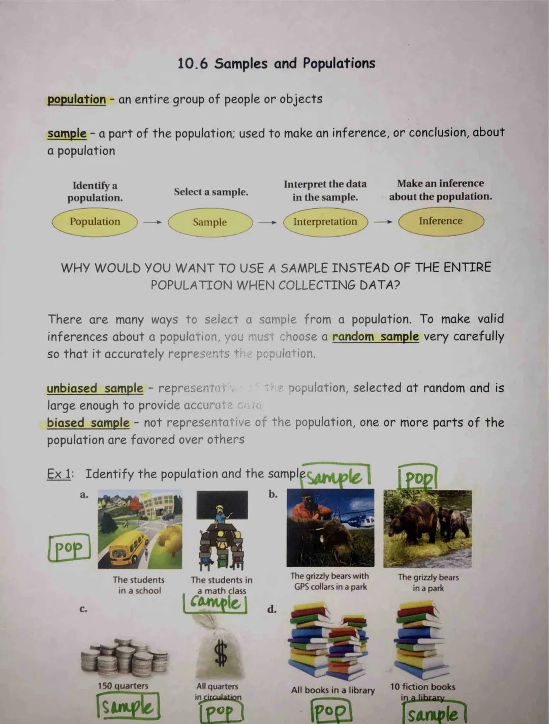 # 10.6 Samples and Populations

population an entire group of people or objects

sample a part of the population; used to make an inference,