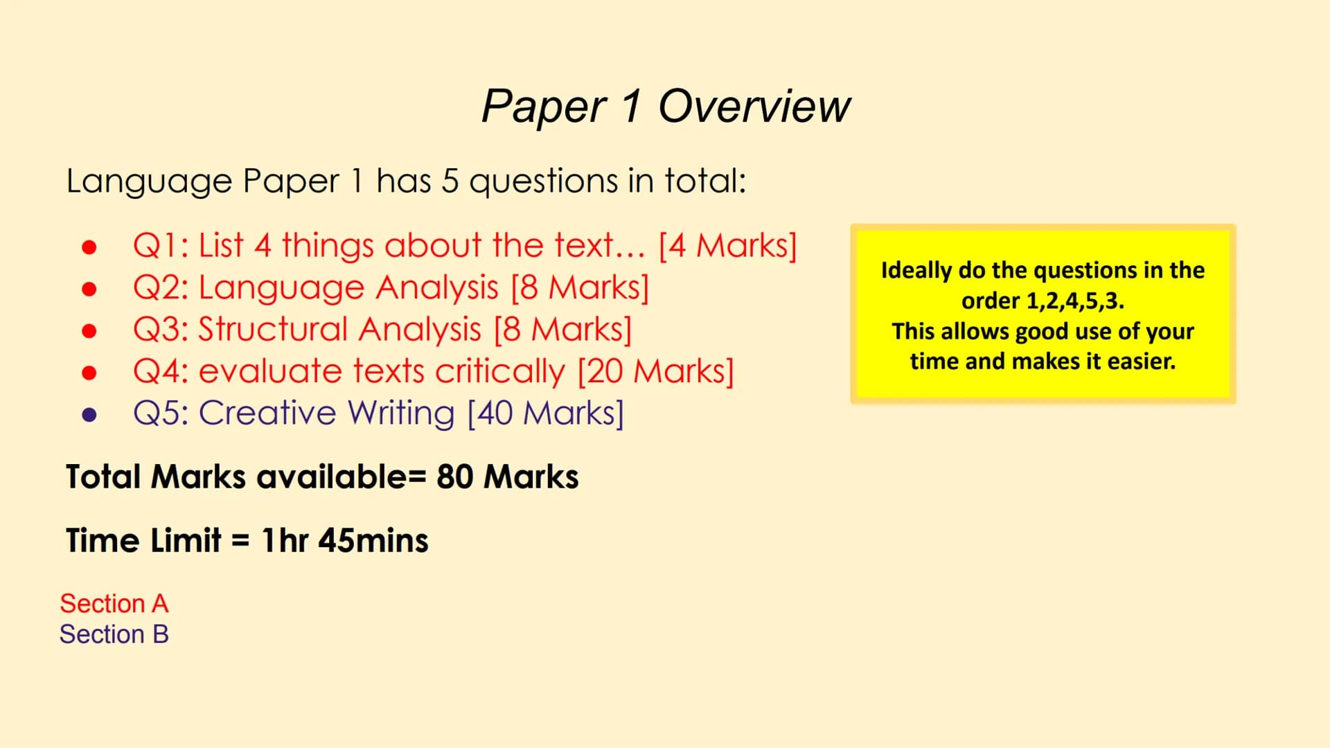 # English Language Paper 1

(AQA) # Paper 1 Overview

Language Paper 1 has 5 questions in total:

*   Q1: List 4 things about the text... [4