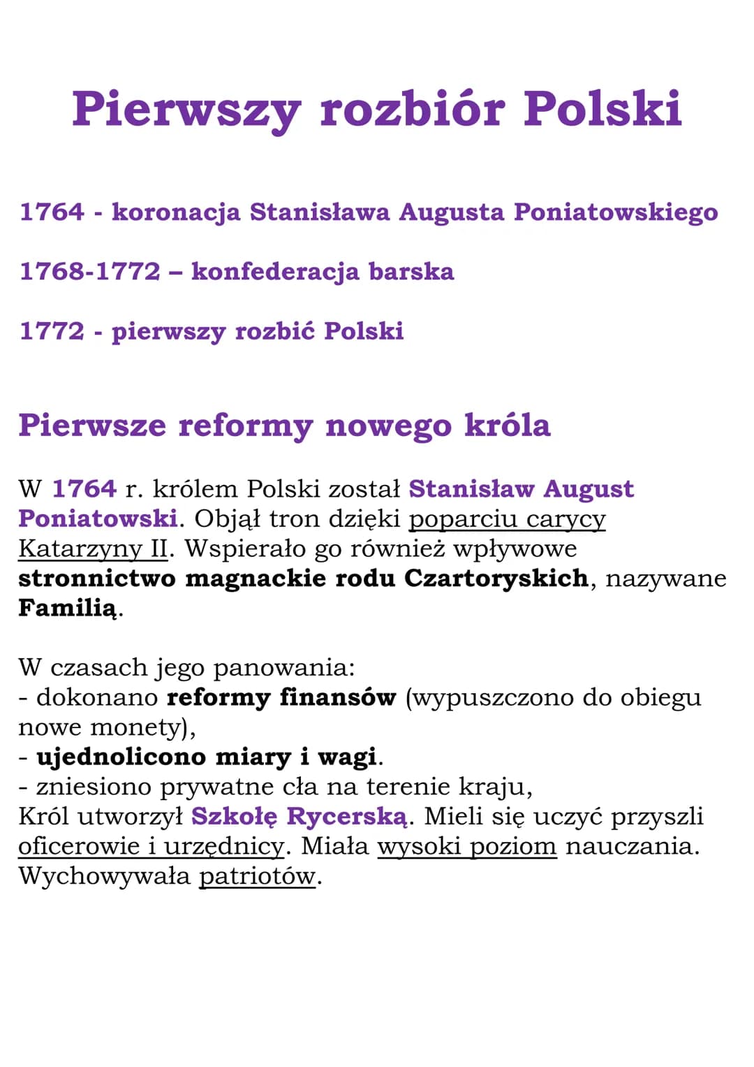 # Pierwszy rozbiór Polski

1764 - koronacja Stanisława Augusta Poniatowskiego

1768-1772- konfederacja barska

1772 - pierwszy rozbić Polski