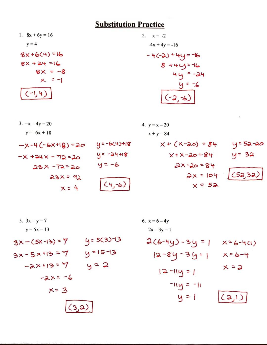 # Substitution Practice

1. 8x+6y = 16
y=4

$8X+6(4)=16$
$8x+24=16$
$8x = -8$
$x=-1$

(-1,4)

3. -x-4y = 20
y = -6x + 18

$-X-4(-6x+18)=20$

