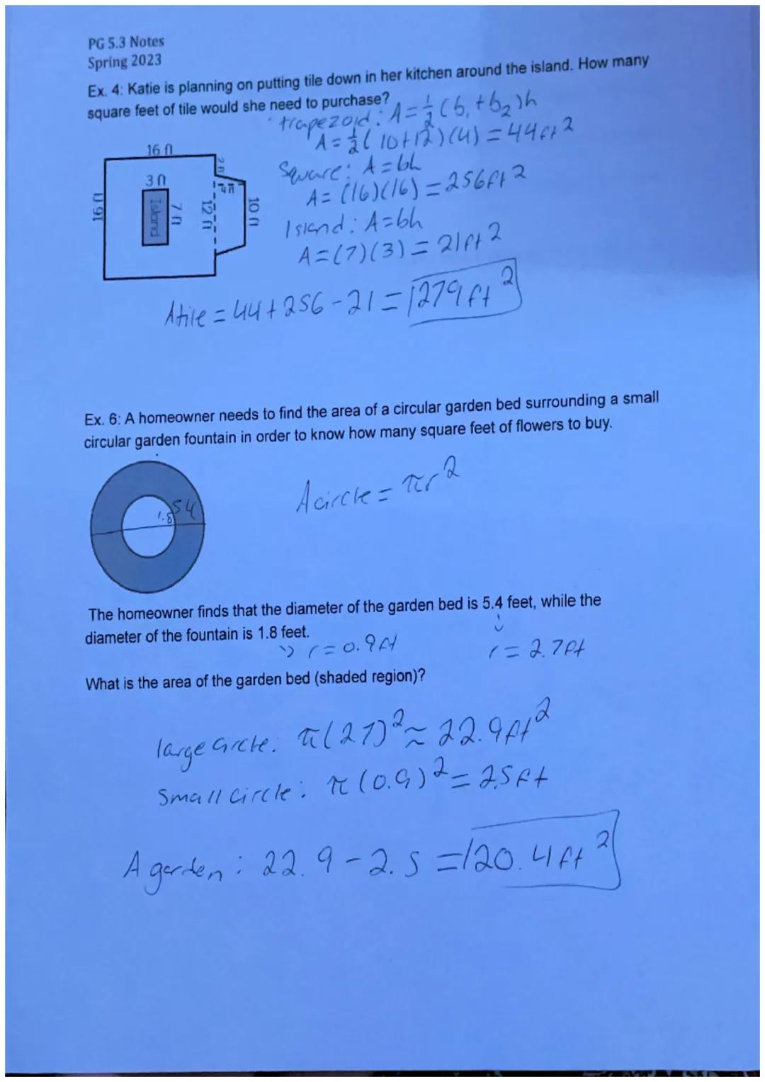 PG 5.3 Notes
Spring 2023

PG 5.3.4 Notes - Area of Figures
Area of a Triangle Formula (given base and height): $A=\frac{1}{2}bh$

Area of a 