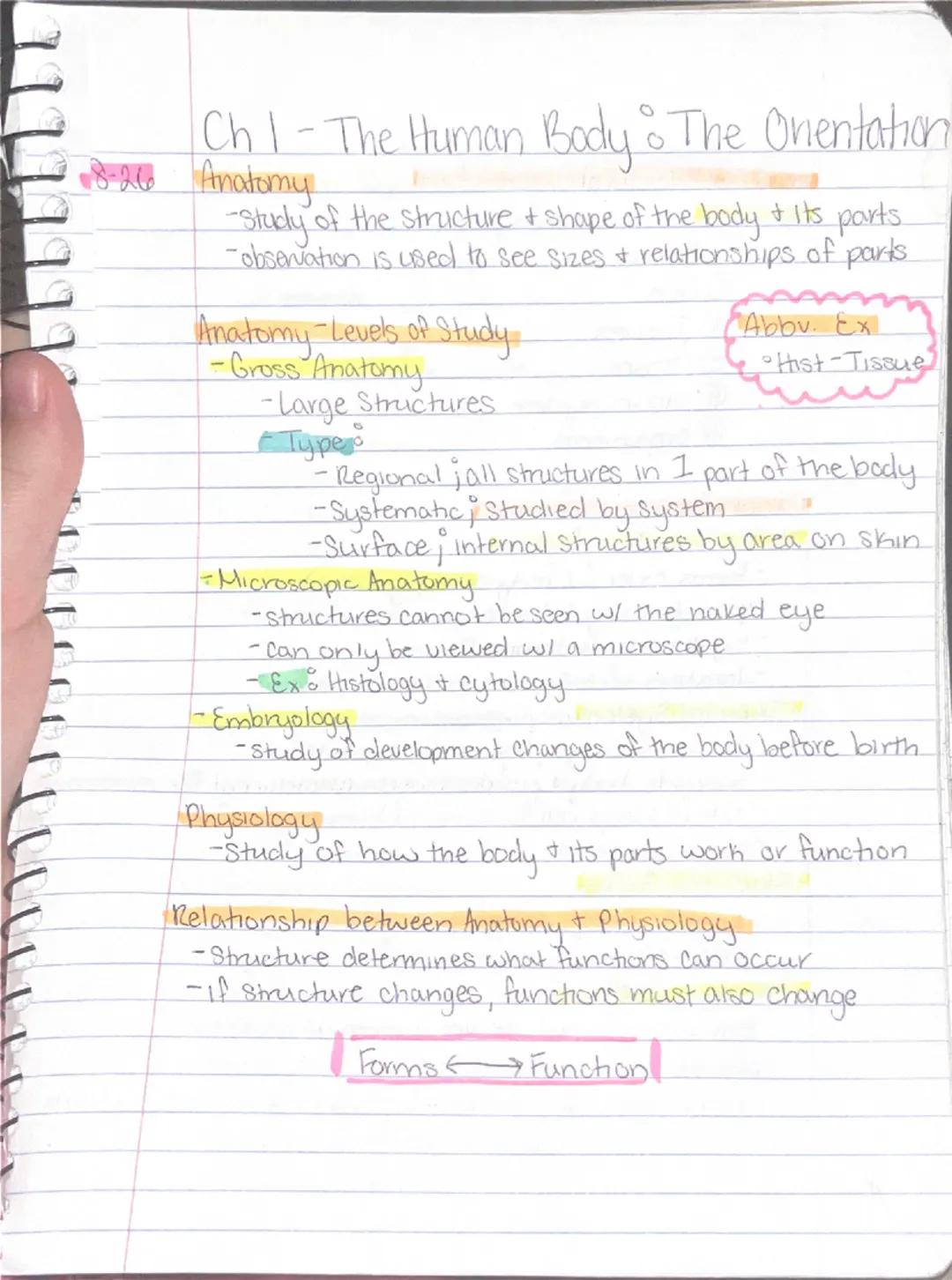 Ch 1 - The Human Body : The Orientation

8-26 Anatomy
-Study of the structure & shape of the body & Its parts.
-observation is used to see s