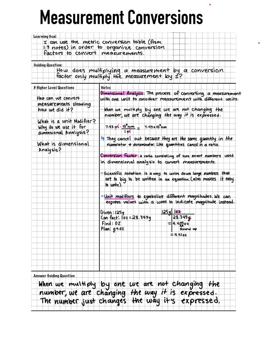 # Measurement Conversions

Learning Goal
I can use the metric conversion table (from
1.3 notes) in order to organize conversion
factors to c