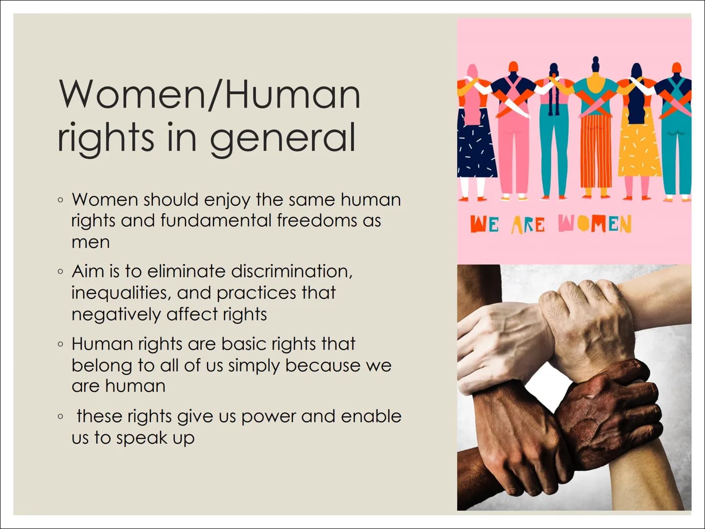WOMEN AND
HUMAN RIGHTS # Content

Women/human rights in general (Denise)
The history of women rights (video)
Women rights in Germany (Johann