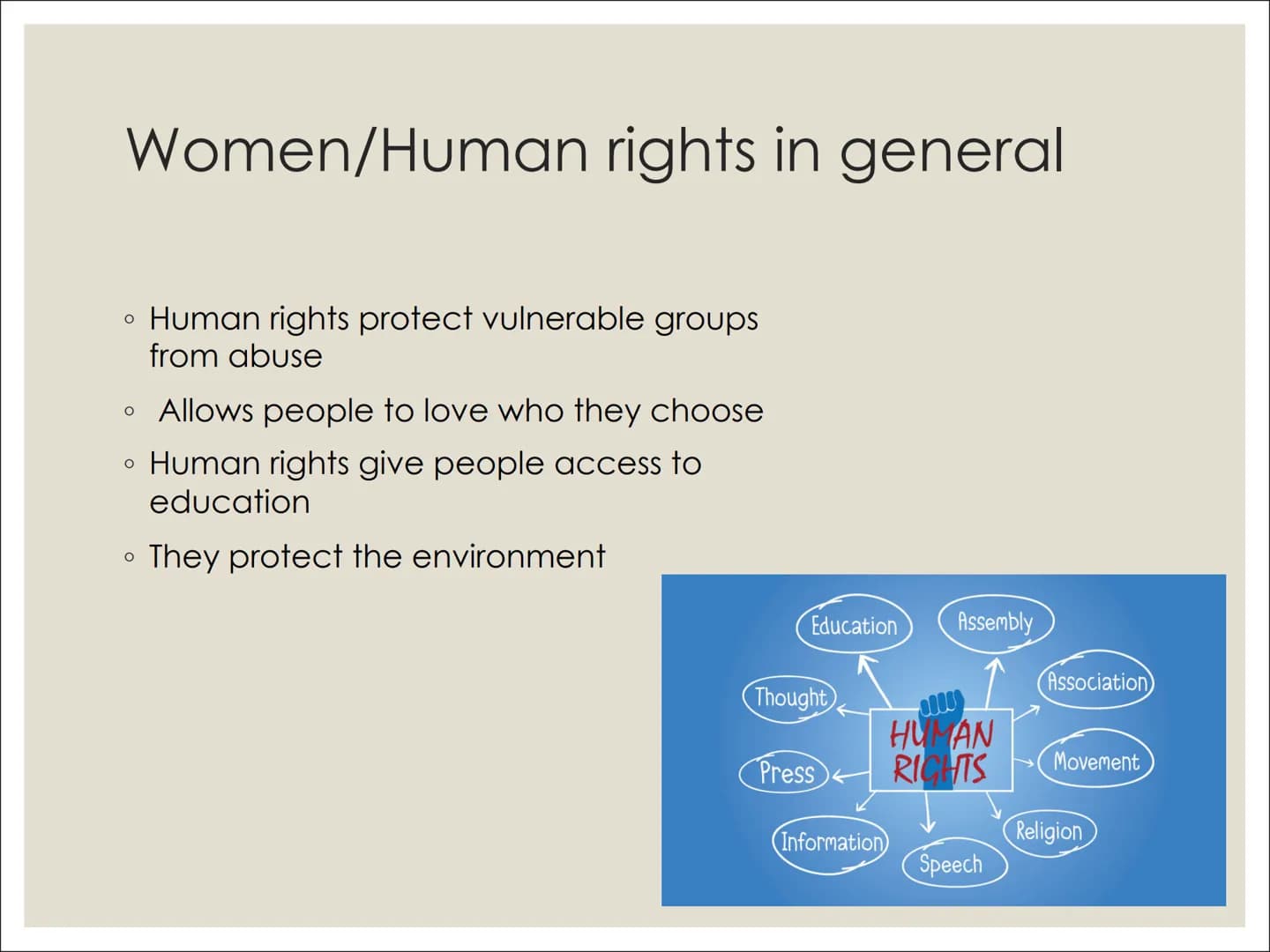 WOMEN AND
HUMAN RIGHTS # Content

Women/human rights in general (Denise)
The history of women rights (video)
Women rights in Germany (Johann