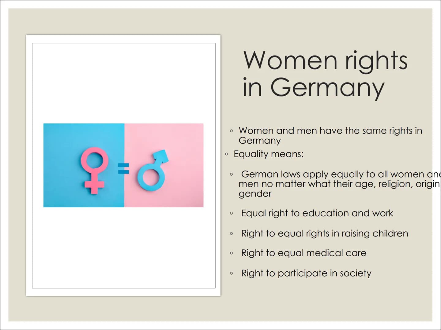 WOMEN AND
HUMAN RIGHTS # Content

Women/human rights in general (Denise)
The history of women rights (video)
Women rights in Germany (Johann