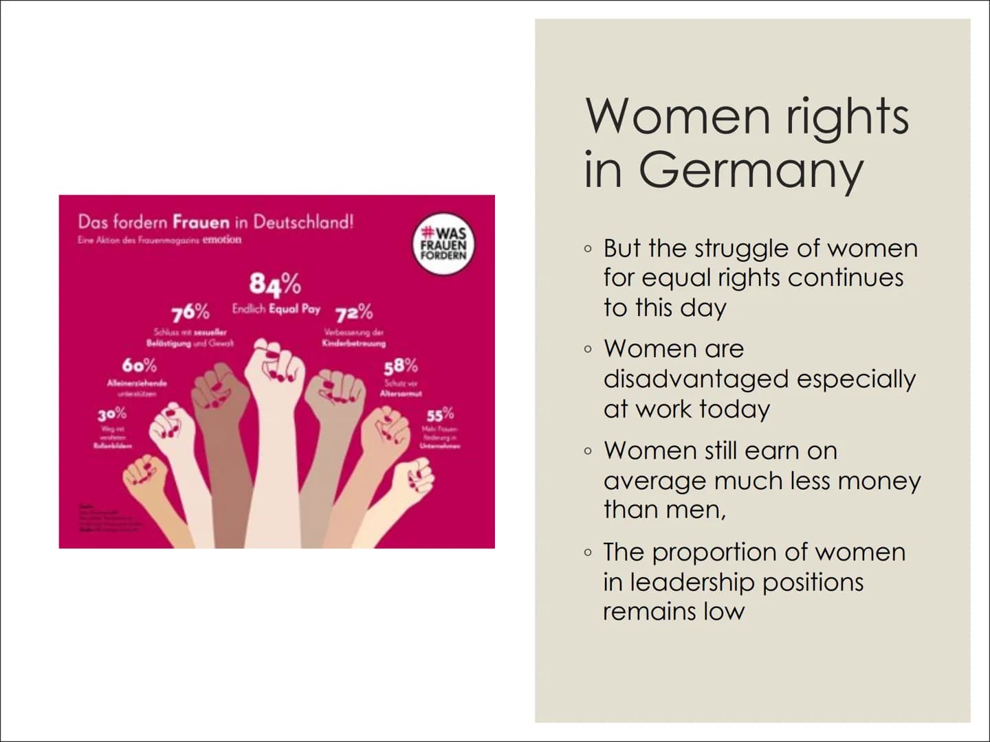 WOMEN AND
HUMAN RIGHTS # Content

Women/human rights in general (Denise)
The history of women rights (video)
Women rights in Germany (Johann