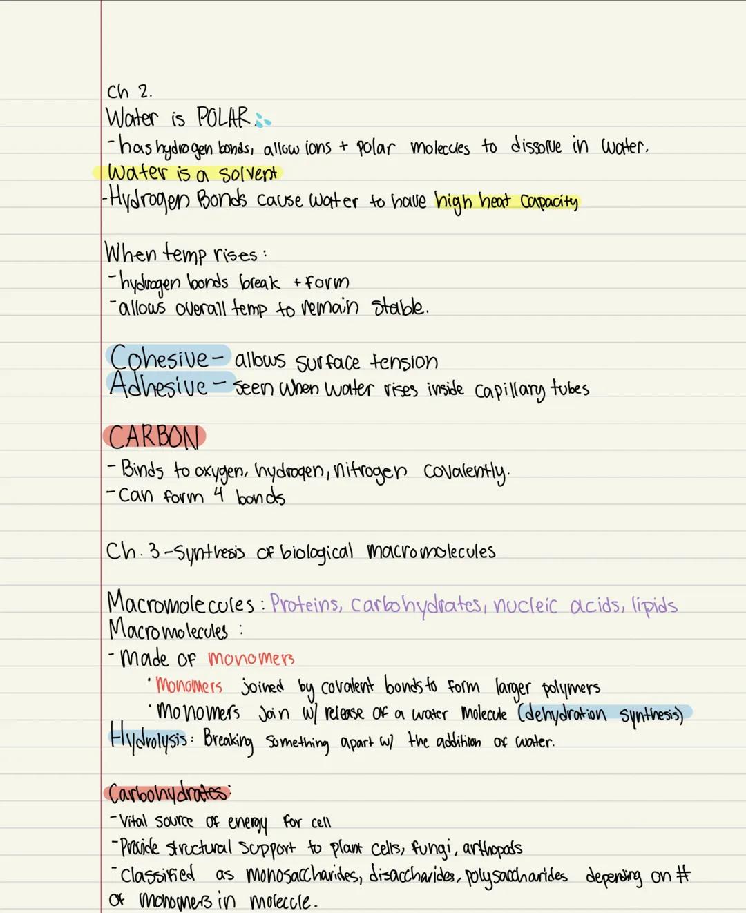 Ch 2.
Water is POLA
-has hydrogen bonds, allow ions + polar molecules to dissolve in water.
Water is a solvent
-Hydrogen Bonds cause water t