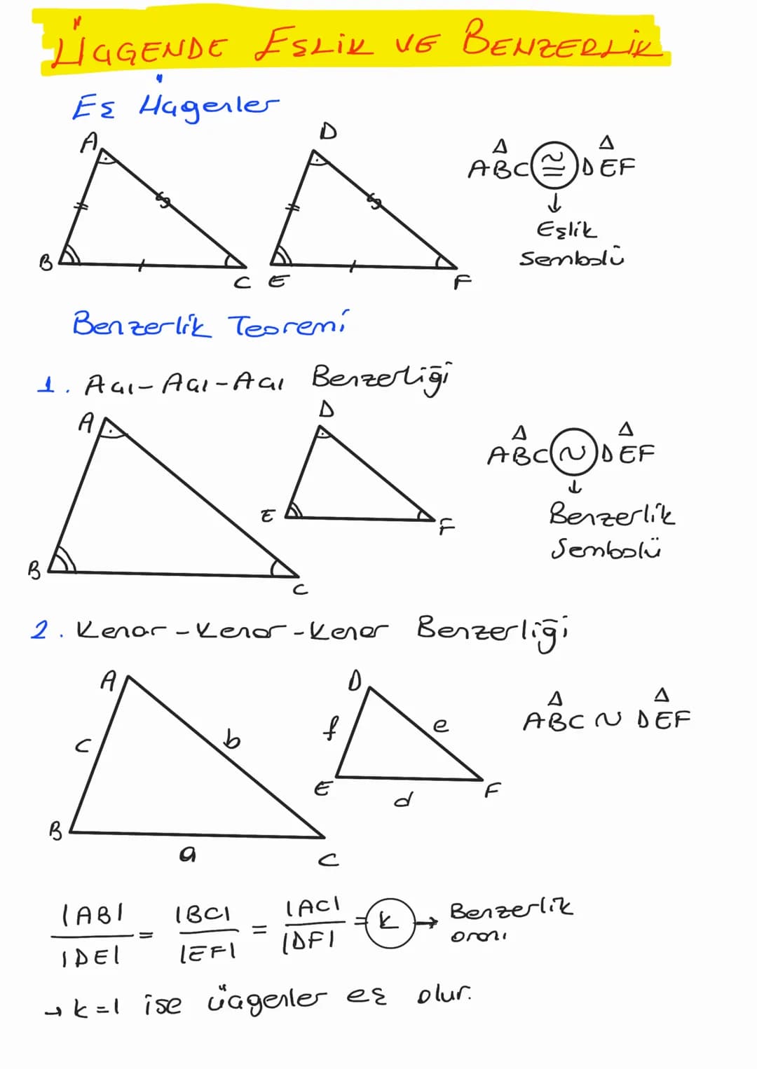 # LIGGENDE ESLİK VE BENZERLİK

## Eş Hagerler

A
D

B
C
E
F

$\triangle$
$\triangle$

ABC$\cong$DEF

↓

Eşlik

Sembalu

## Benzerlik Teoremi