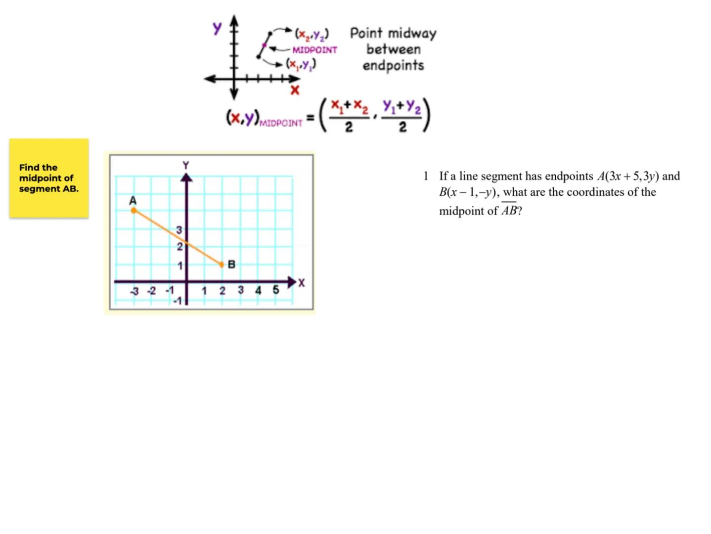 The distance between two points A(x1, y₁) and B(x2, y2) is
d = $\sqrt{(x_2-x_1)^2 + (y_2-y_1)^2}$.

y
d
У2-У1
X2-X1
X
0
X1
X2

Using Midpoin