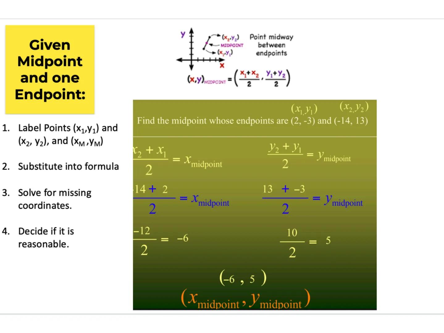 The distance between two points A(x1, y₁) and B(x2, y2) is
d = $\sqrt{(x_2-x_1)^2 + (y_2-y_1)^2}$.

y
d
У2-У1
X2-X1
X
0
X1
X2

Using Midpoin