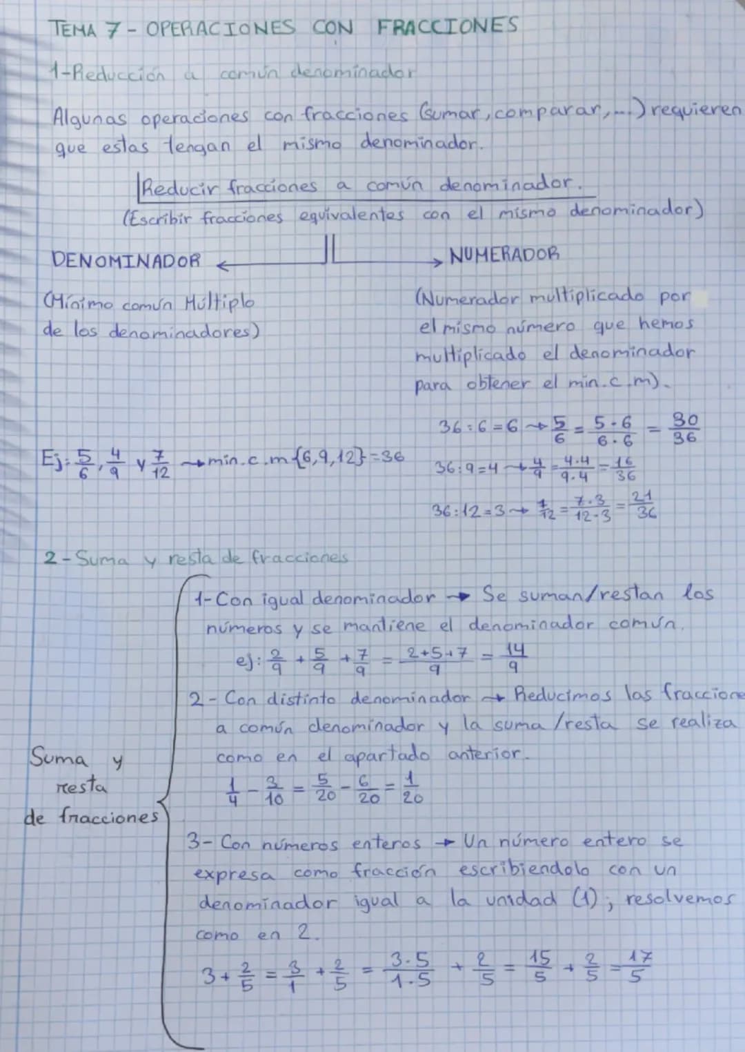 TEMA 7-OPERACIONES CON FRACCIONES
1-Reducción a común denominador
Algunas operaciones con fracciones (sumar, comparar, ...) requieren
que es