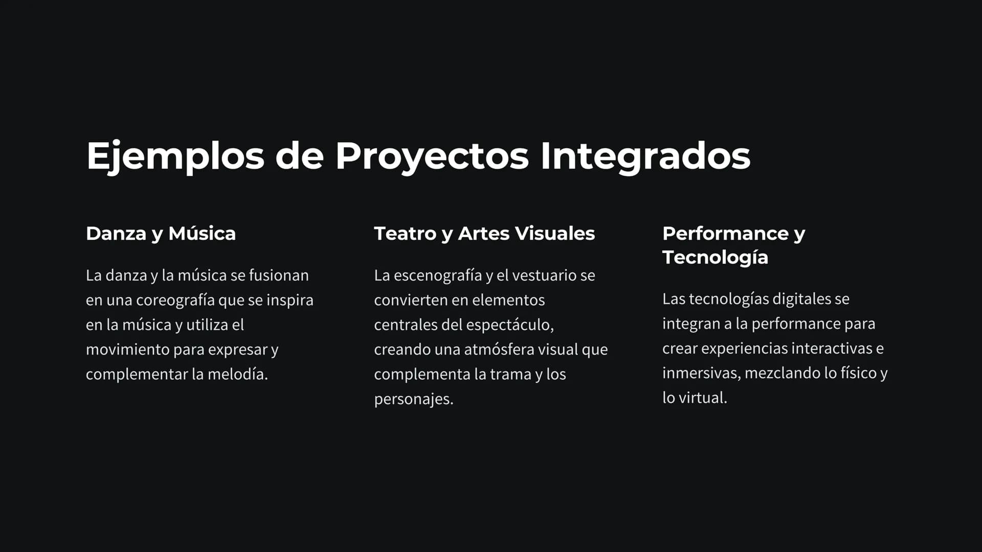 # Artes Escénicas

Integradas

Las artes escénicas integradas abarcan la fusión de diferentes
disciplinas artísticas para crear experiencias