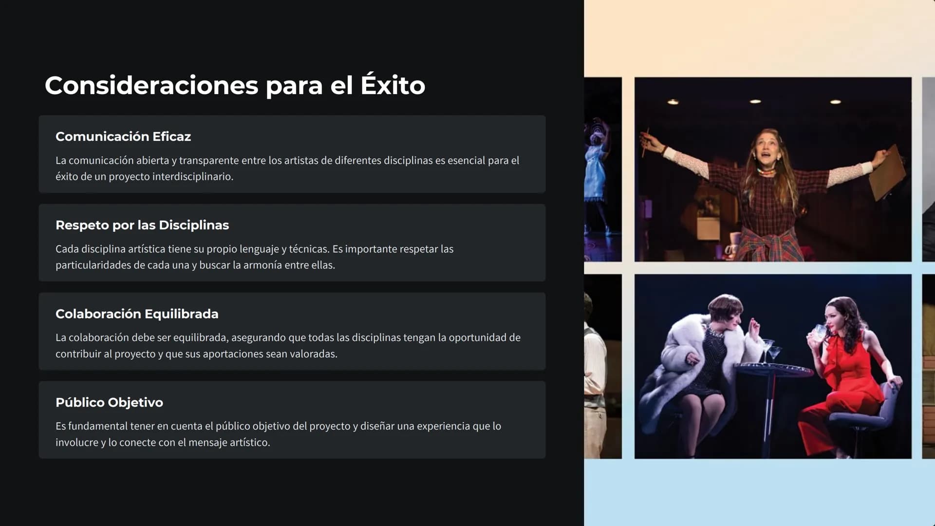 # Artes Escénicas

Integradas

Las artes escénicas integradas abarcan la fusión de diferentes
disciplinas artísticas para crear experiencias