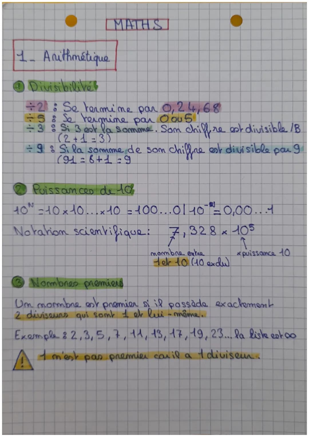 # MATHS

1. Arithmétique

Divisibilité

$\\div$2: Se termine par 0,24,68
$\\div$5: Se termine par Oou5
$\\div$3: Si 3 est la somme. Som chif