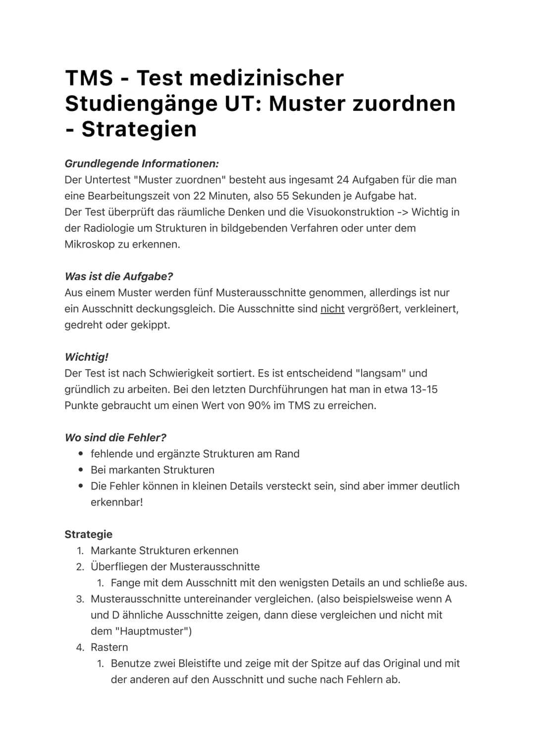 # TMS - Test medizinischer
Studiengänge UT: Muster zuordnen
- Strategien

Grundlegende Informationen:
Der Untertest "Muster zuordnen" besteh