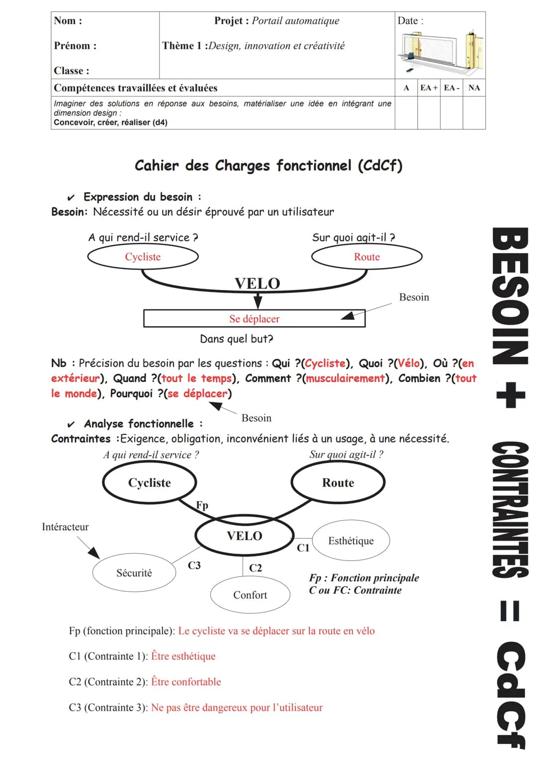 Nom:

Prénom:

Classe:

Projet: Portail automatique

Thème 1: Design, innovation et créativité

Compétences travaillées et évaluées
Imaginer