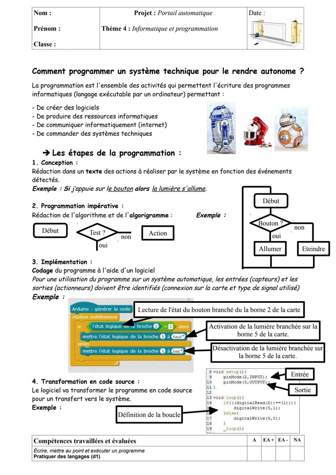 Nom:

Prénom:

Classe:

Projet: Portail automatique

Thème 1: Design, innovation et créativité

Compétences travaillées et évaluées
Imaginer