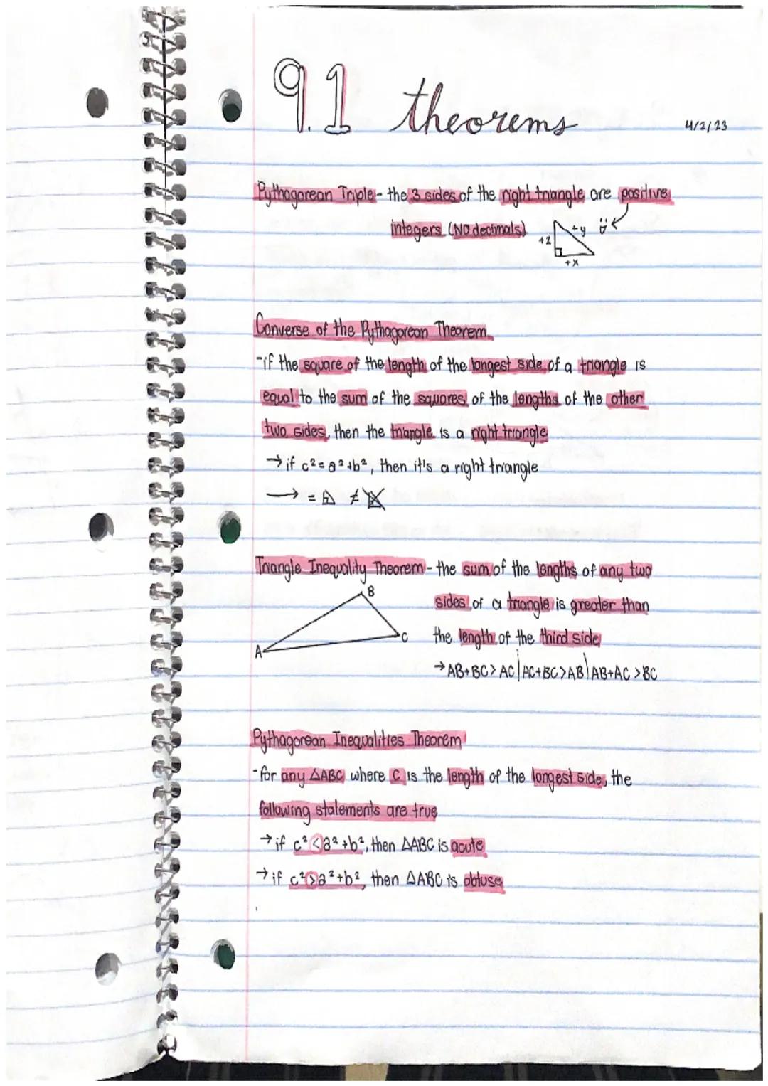 # 9.1 theorems

Pythagorean Triple- the 3 sides of the right triangle ore positive
integers (No dealmals)

Converse of the Rythagorean Theor