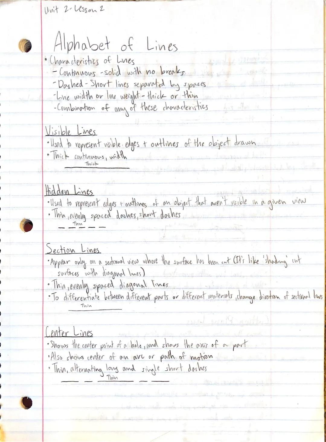 Unit 2-Lesson 2

Alphabet of Lines.
•Characteristics of Lines.
- Continuous-solid with no breaks
-Dashed-Short lines separated by spaces.
-L