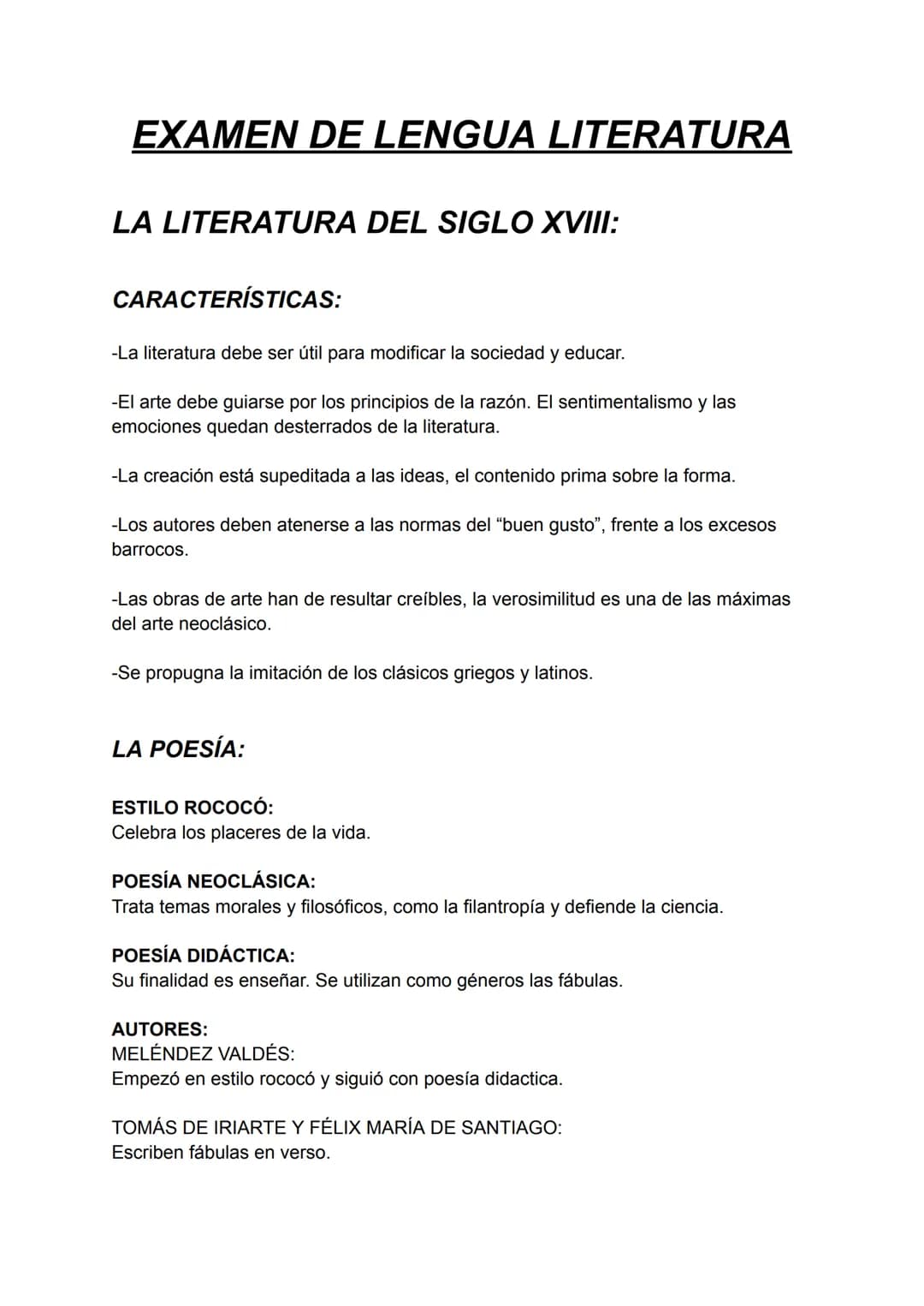 # EXAMEN DE LENGUA LITERATURA

## LA LITERATURA DEL SIGLO XVIII:

### CARACTERÍSTICAS:

-La literatura debe ser útil para modificar la socie