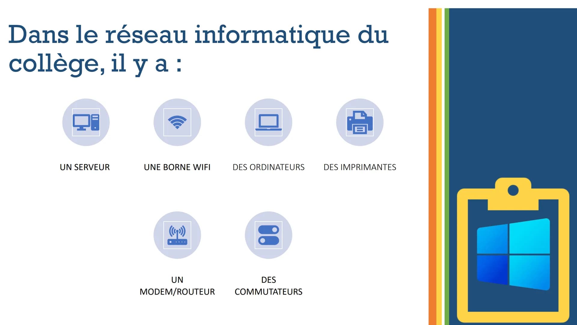 # Le réseau
# informatique du
# collège Dans le réseau informatique du
collège, il y a:

UN SERVEUR

UNE BORNE WIFI

DES ORDINATEURS

DES IM