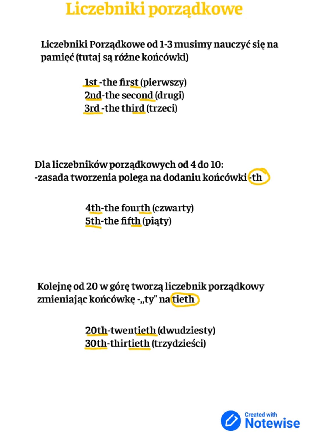 # Liczebniki porządkowe

Liczebniki Porządkowe od 1-3 musimy nauczyć się na
pamięć (tutaj są różne końcówki)

1st -the first (pierwszy)
2nd-