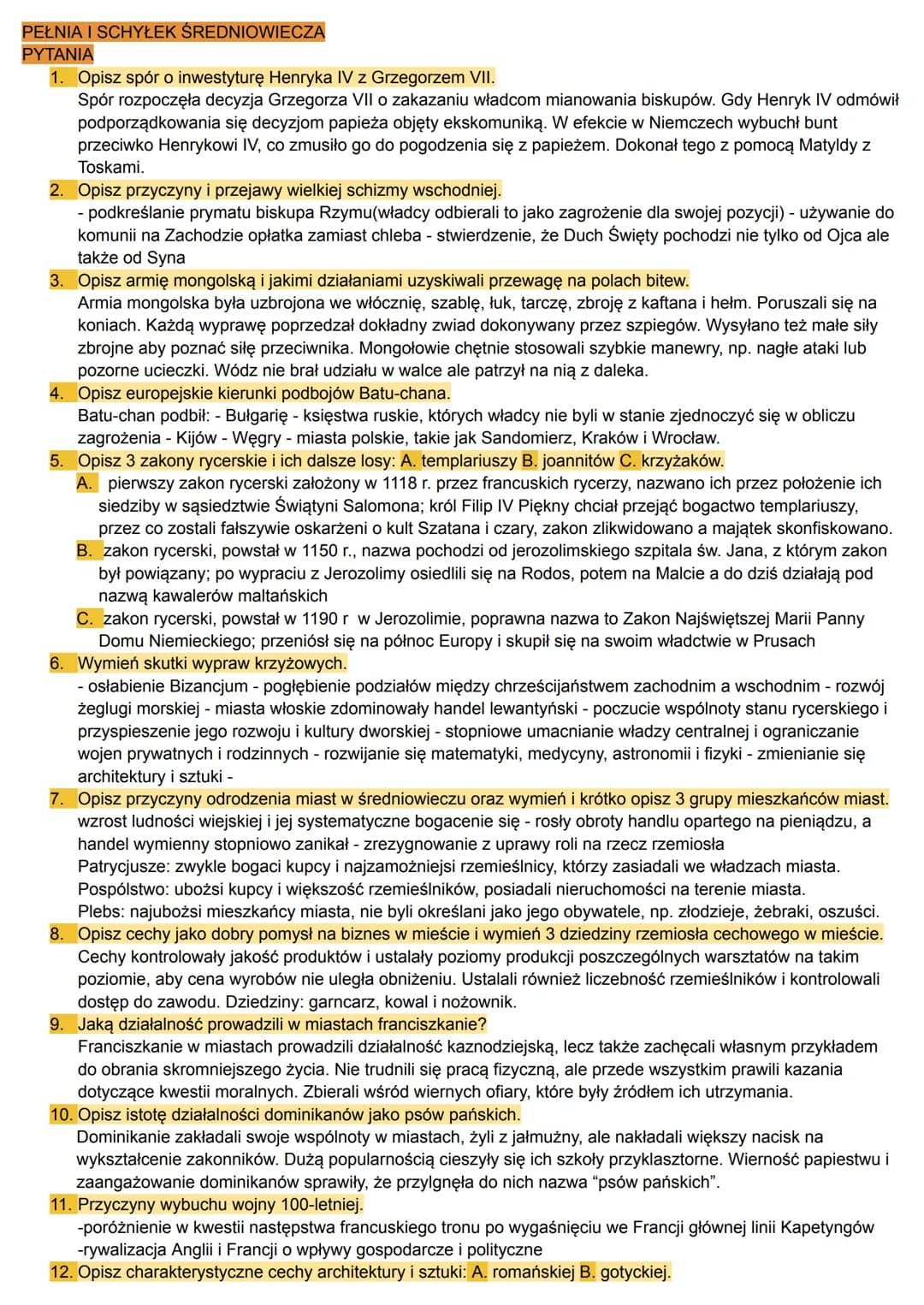 PEŁNIA I SCHYŁEK ŚREDNIOWIECZA

PYTANIA

1. Opisz spór o inwestyturę Henryka IV z Grzegorzem VII.

Spór rozpoczęła decyzja Grzegorza VII o z