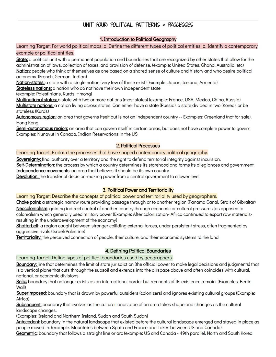 UNIT FOUR: POLITICAL PATTERNS PROCESSES

1. Introduction to Political Geography

Learning Target: For world political maps: a. Define the di