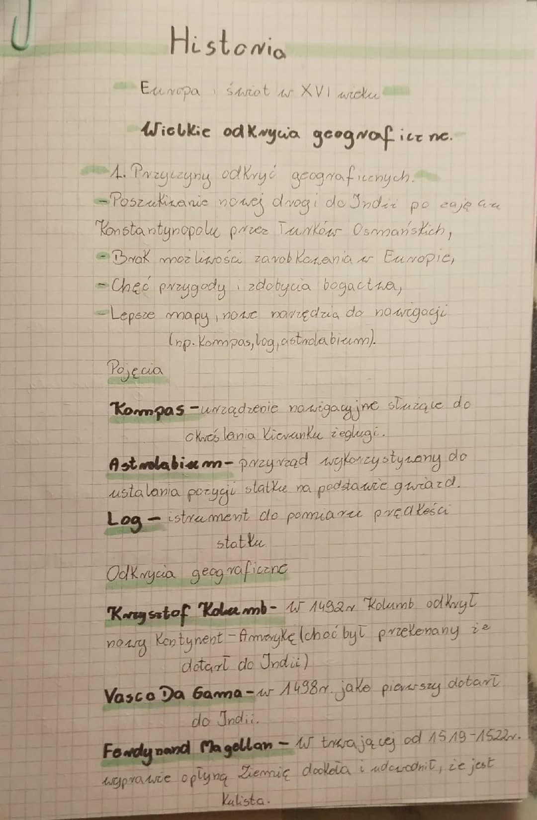 # Histonia

Europaśarot w XVI wieku

Wielkic odkrycia geograficznc.

1. Przyczyny odkryć geograficcnych.

- Poszukizanie nowej drogi do Indi