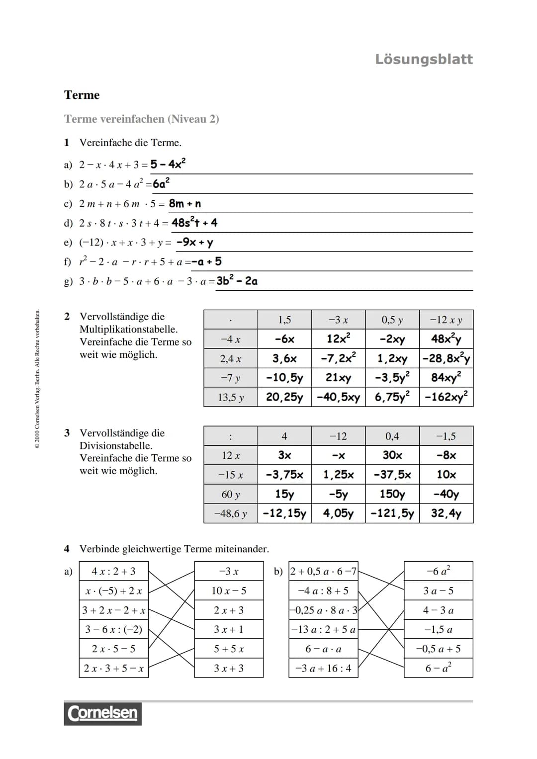 # Arbeitsblatt

# Mathematik

Name:

Klasse: Datum:

# Terme

Terme vereinfachen (Niveau 1)

1 Vereinfache die Terme.

a) -4a2a =

b) 3.s.4.