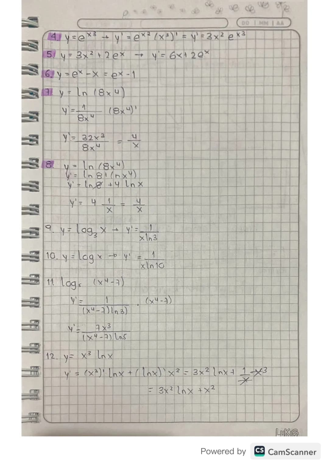 DD MM AA

# Derivadas logaritmicas y exponenciales

## Propiedades de los logaritmas

a) $log_b (A.B) = log_b A + log_b B$

b) $log_b (\frac