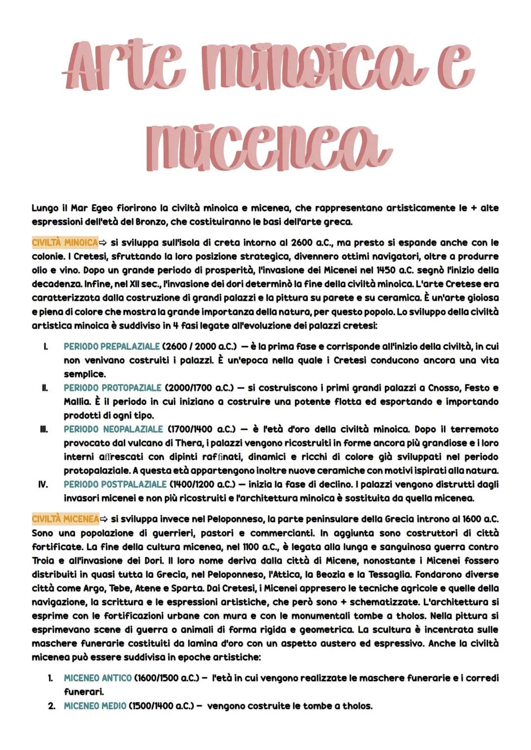 # Arte minoica e
micenca

Lungo il Mar Egeo fiorirono la civiltà minoica e micenea, che rappresentano artisticamente le + alte
espressioni d