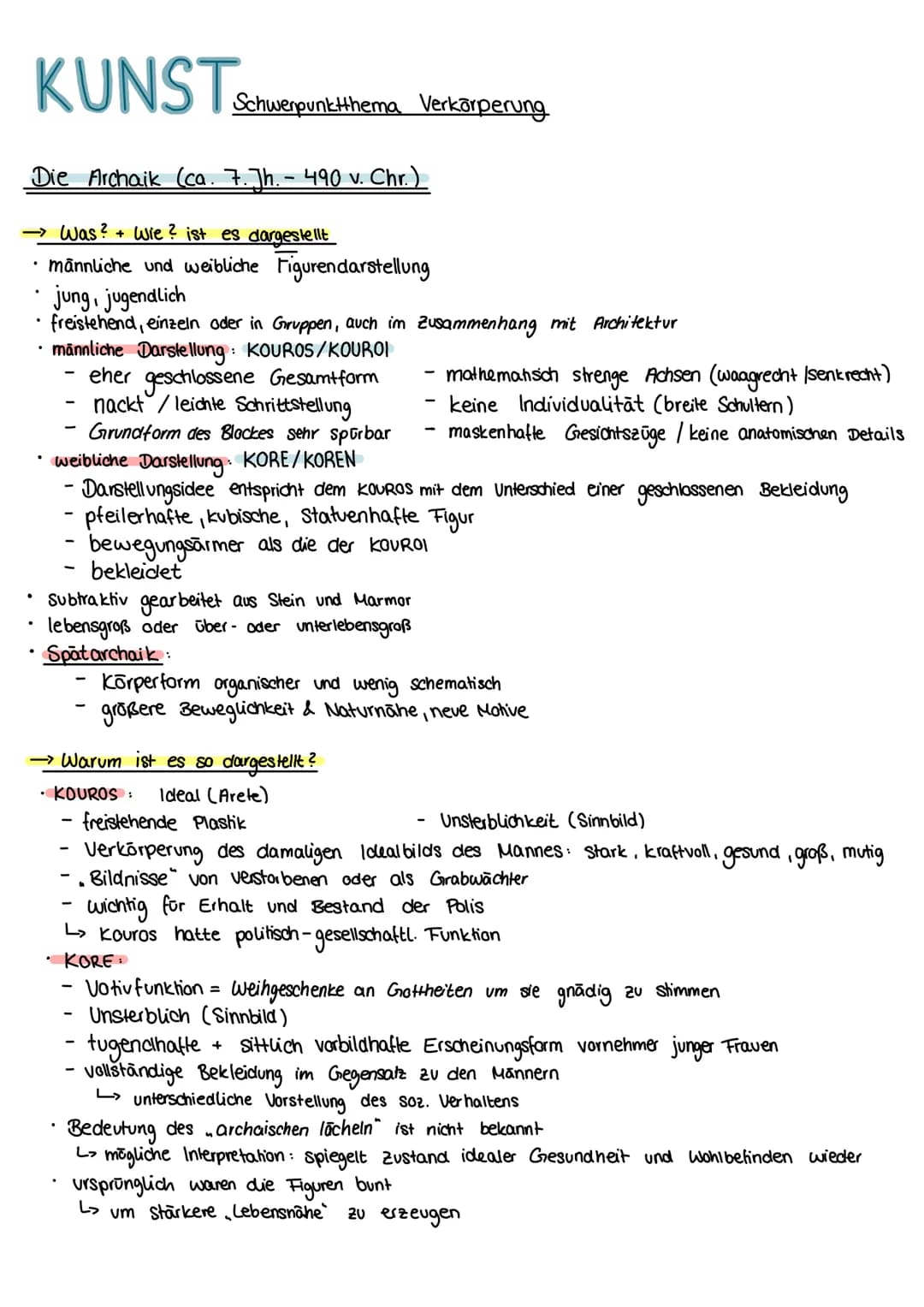 # KUNST
Schwerpunktthema Verkörperung

Die Archaik (ca. 7. Jh. - 490 v. Chr.)

→ Was? + Wie? ist es dargestellt

*   männliche und weibliche