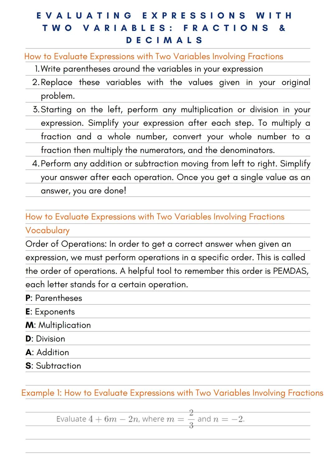# EVALUATING EXPRESSIONS WITH
# TWO VARIABLES: FRACTIONS & DECIMALS

How to Evaluate Expressions with Two Variables Involving Fractions

1. 