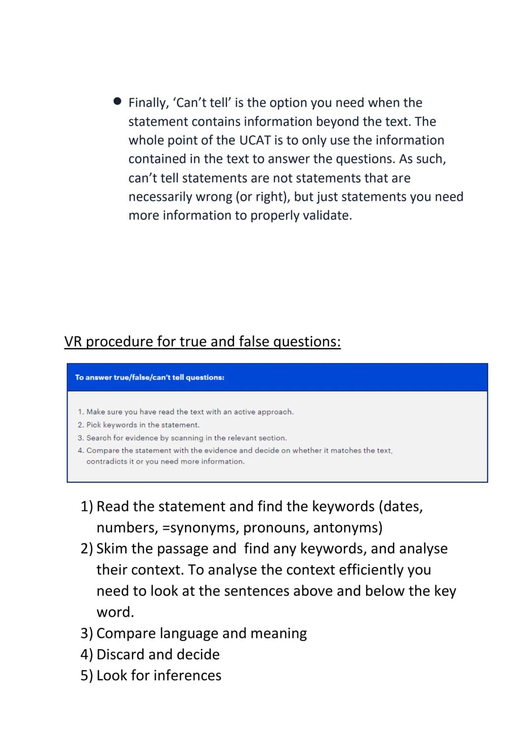 Subject: UCAT (medical aptitude test)

Comprehensive revision guide

1) VR format and key points:
a) 11 stems (sets of 4 questions)
b) 2 min