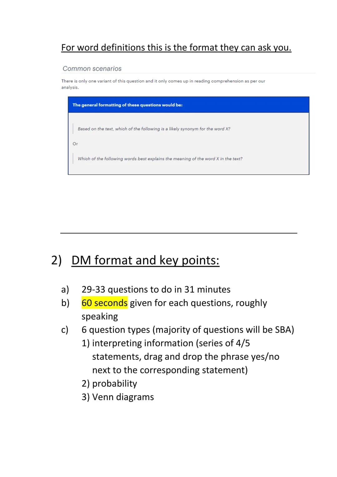 Subject: UCAT (medical aptitude test)

Comprehensive revision guide

1) VR format and key points:
a) 11 stems (sets of 4 questions)
b) 2 min