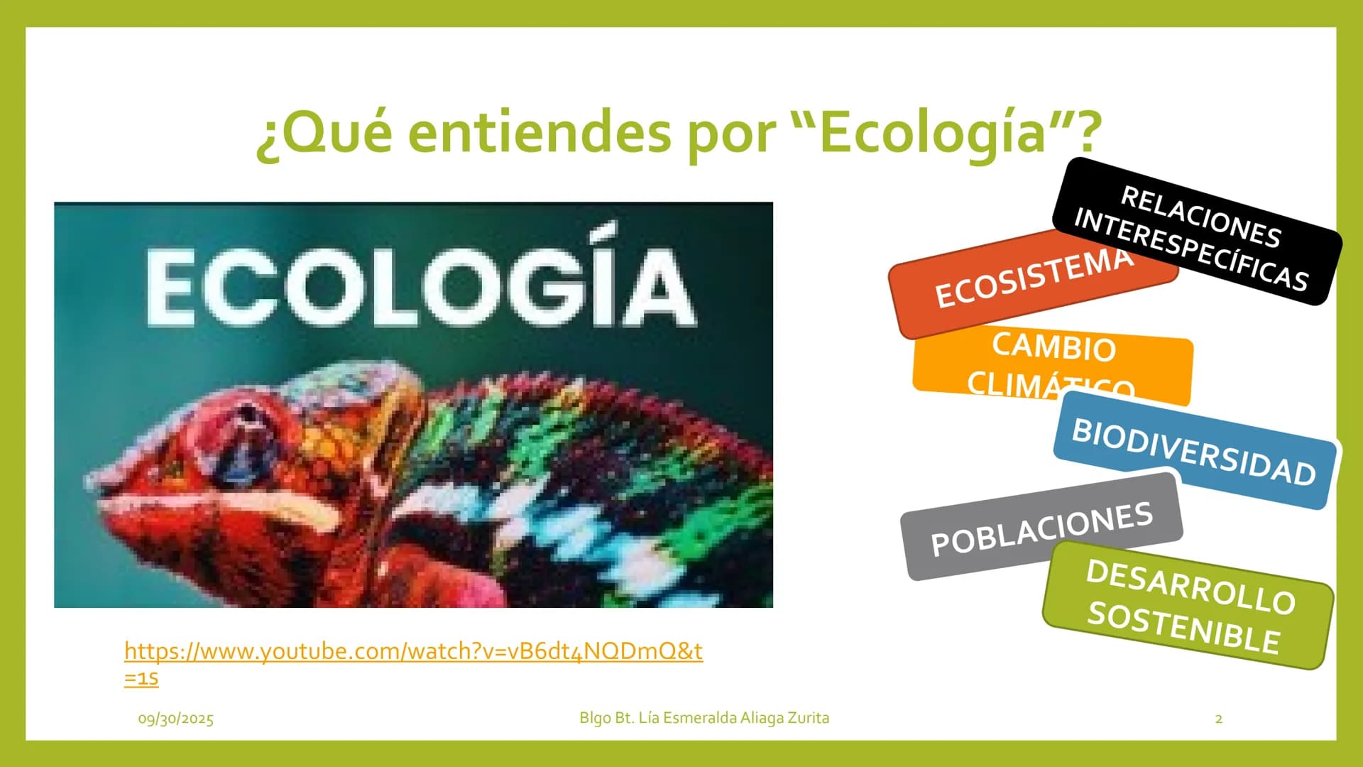 # INTRODUCCIÓN A LA
# ECOLOGÍA

Sesión 1

Docente:

Blgo. Lía E. Aliaga Zurita

DAP. Ciencias Biológicas

Fac, Ciencias de la Salud UNC # ¿Q