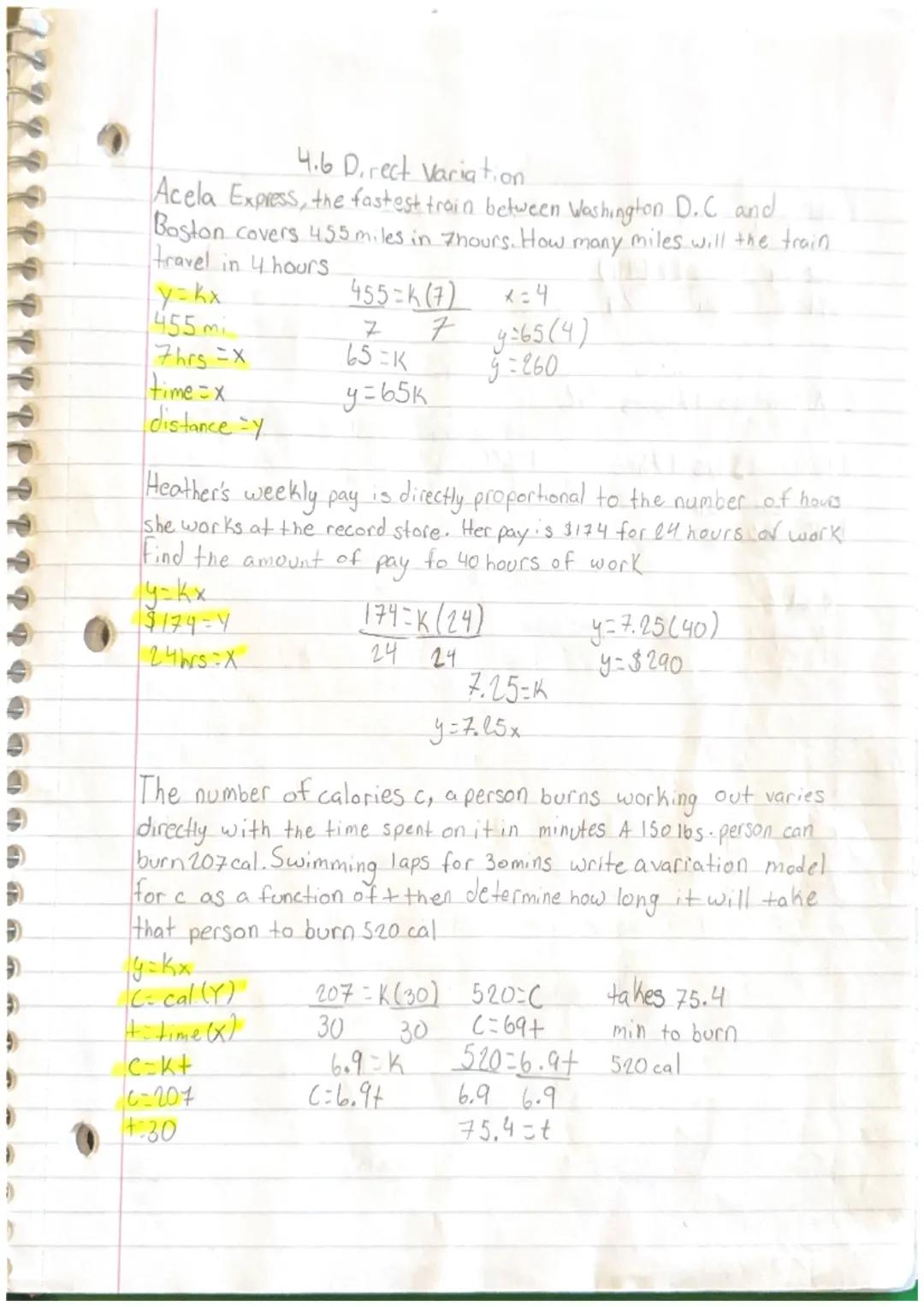 4.6 Direct Variation
Acela Express, the fastest train between Washington D.C and
Boston covers 455 miles in 7 hours. How many miles will the