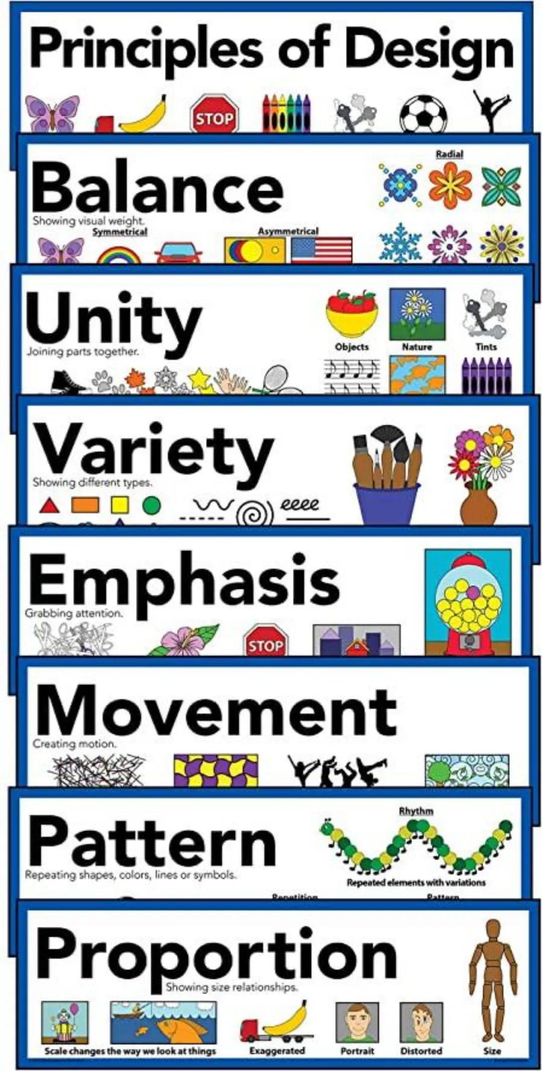 # Principles of Design

STOP

# Balance
Showing visual weight.
Symmetrical

Asymmetrical

Radial

# Unity
Joining parts together.
Objects Na